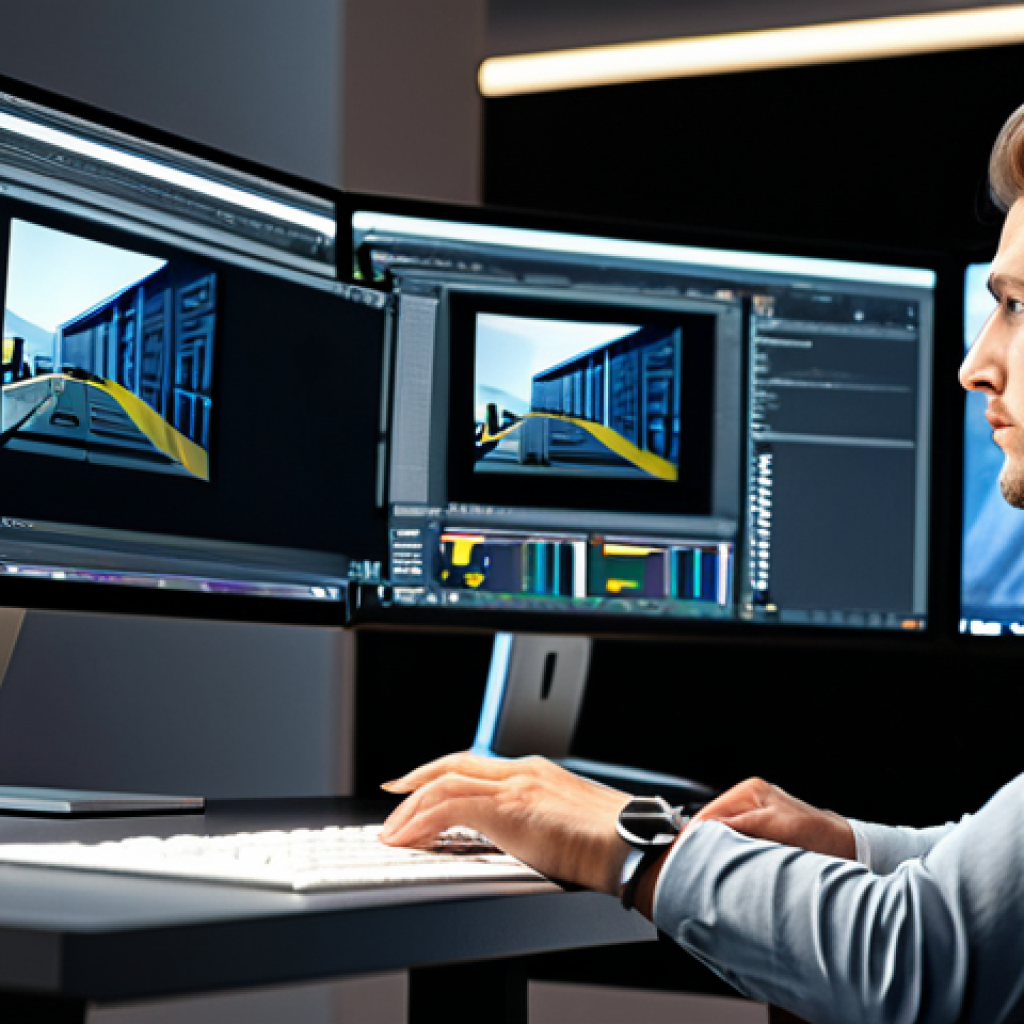 A professional 3D artist, fully clothed in a modest professional blazer and collared shirt, deeply focused on a multi-monitor workstation in a clean, modern design studio. The main screen displays a highly detailed architectural rendering of a contemporary building. A sleek, professional-grade GPU is visible within the workstation's glass side panel, subtly lit. The artist's hands are well-formed and naturally positioned on a keyboard and mouse. The background features blurred studio equipment and warm ambient lighting. This image conveys precision, high productivity, and cutting-edge technology, safe for work, appropriate content, fully clothed, professional, perfect anatomy, correct proportions, natural pose, well-formed hands, proper finger count, natural body proportions, professional photography, high quality, ultra-detailed.