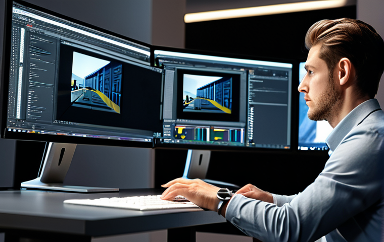 A professional 3D artist, fully clothed in a modest professional blazer and collared shirt, deeply focused on a multi-monitor workstation in a clean, modern design studio. The main screen displays a highly detailed architectural rendering of a contemporary building. A sleek, professional-grade GPU is visible within the workstation's glass side panel, subtly lit. The artist's hands are well-formed and naturally positioned on a keyboard and mouse. The background features blurred studio equipment and warm ambient lighting. This image conveys precision, high productivity, and cutting-edge technology, safe for work, appropriate content, fully clothed, professional, perfect anatomy, correct proportions, natural pose, well-formed hands, proper finger count, natural body proportions, professional photography, high quality, ultra-detailed.
