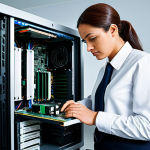 A tech professional, fully clothed in a modest collared shirt and professional dress, stands focused in a modern, well-lit computer lab. They are carefully inspecting a high-performance RAM module in their hand, with a sleek, open desktop PC case revealing the motherboard and components in the background. The scene conveys precision and technical mastery. Professional photography, high detail, clean aesthetic, perfect anatomy, correct proportions, natural pose, well-formed hands, proper finger count, natural body proportions, safe for work, appropriate content, fully clothed, appropriate attire.