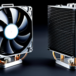 Cooler and Heatsink Comparison**

A close-up studio shot showcasing a CPU cooler with a fan and a heatsink with aluminum fins side-by-side. The cooler should be modern, perhaps a tower cooler. The heatsink should be a classic design. Focus on detail showing the construction of each. "Safe for work", "appropriate content", "fully clothed" (not applicable, but included for safety), "professional", perfect anatomy, natural proportions, high quality, detailed textures.

**