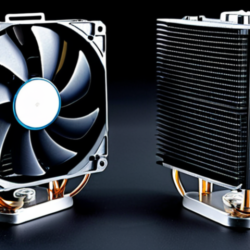 Home 26 Cooler and Heatsink Comparison**
A close-up studio shot showcasing a CPU cooler with a fan and a heatsink with aluminum fins side-by-side. The cooler should be modern, perhaps a tower cooler. The heatsink should be a classic design. Focus on detail showing the construction of each. "Safe for work", "appropriate content", "fully clothed" (not applicable, but included for safety), "professional", perfect anatomy, natural proportions, high quality, detailed textures.
**
