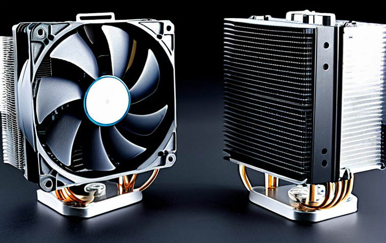 Cooler and Heatsink Comparison**

A close-up studio shot showcasing a CPU cooler with a fan and a heatsink with aluminum fins side-by-side. The cooler should be modern, perhaps a tower cooler. The heatsink should be a classic design. Focus on detail showing the construction of each. "Safe for work", "appropriate content", "fully clothed" (not applicable, but included for safety), "professional", perfect anatomy, natural proportions, high quality, detailed textures.

**