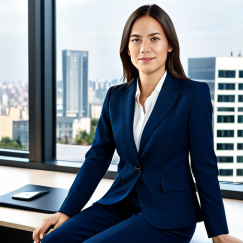 Home 12 Modern Office Environment**
"A professional businesswoman in a modest dark blue business suit, sitting at a clean desk in a modern, bright office. Large window with a cityscape view. Fully clothed, appropriate attire, safe for work, perfect anatomy, natural proportions, professional photography, high quality lighting."
**