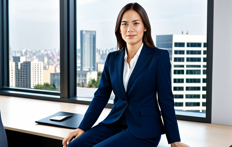 Modern Office Environment**

"A professional businesswoman in a modest dark blue business suit, sitting at a clean desk in a modern, bright office. Large window with a cityscape view. Fully clothed, appropriate attire, safe for work, perfect anatomy, natural proportions, professional photography, high quality lighting."

**