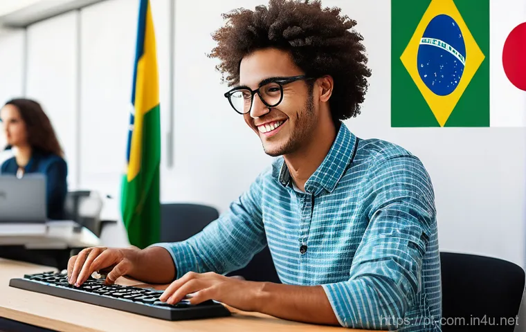 키보드 레이아웃과 사용 용도 비교 - **Prompt:** "A vibrant, diverse group of young adults, aged around 20-25, happily engaging with thei...