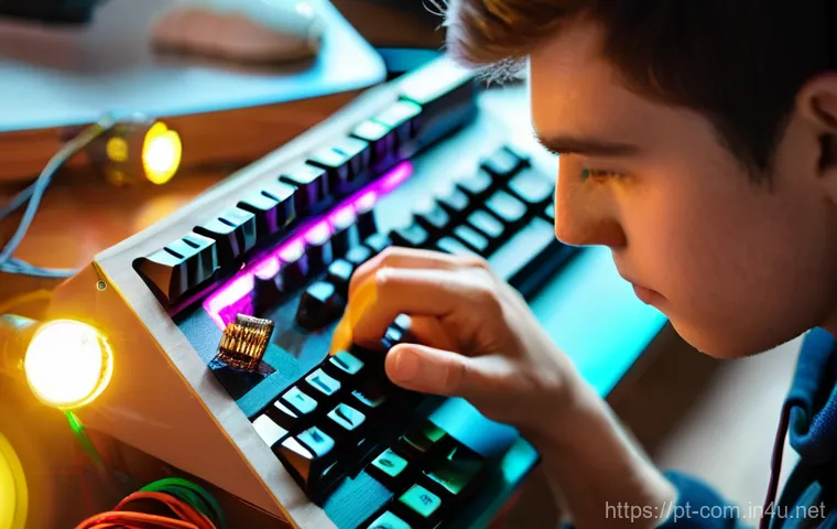 키보드 레이아웃과 사용 용도 비교 - **Prompt:** "A comfortable and productive workspace featuring a stylish, light-skinned person, aged ...