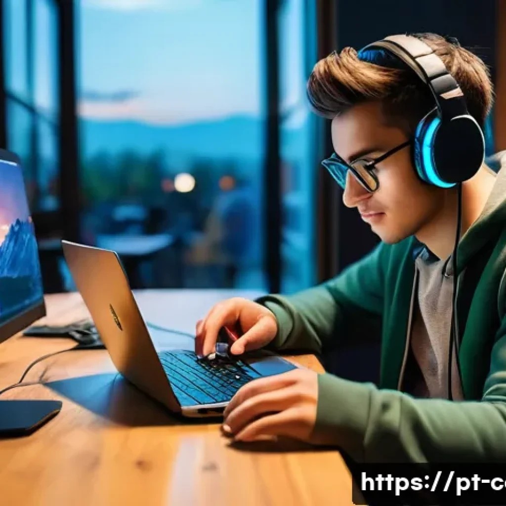 게이밍 노트북과 데스크톱 비교 - A cozy café scene featuring a young adult gamer using a sleek gaming laptop with visible RGB lightin...