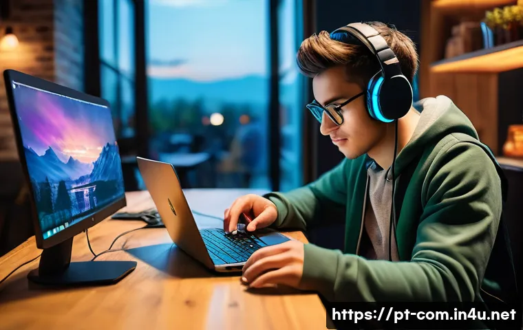 게이밍 노트북과 데스크톱 비교 - A cozy café scene featuring a young adult gamer using a sleek gaming laptop with visible RGB lightin...