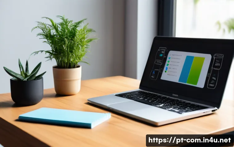 노트북과 데스크톱의 유지비 비교 - A detailed, realistic workspace scene featuring a Brazilian home office with a sleek modern notebook...