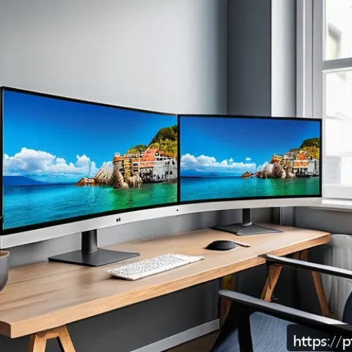 Home 32 4K 모니터와 1440p 모니터 비교 - A modern, bright home office setup showcasing a large 32-inch 4K monitor displaying detailed photo e...