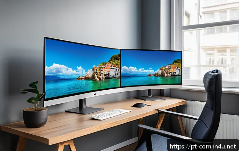 4K 모니터와 1440p 모니터 비교 - A modern, bright home office setup showcasing a large 32-inch 4K monitor displaying detailed photo e...