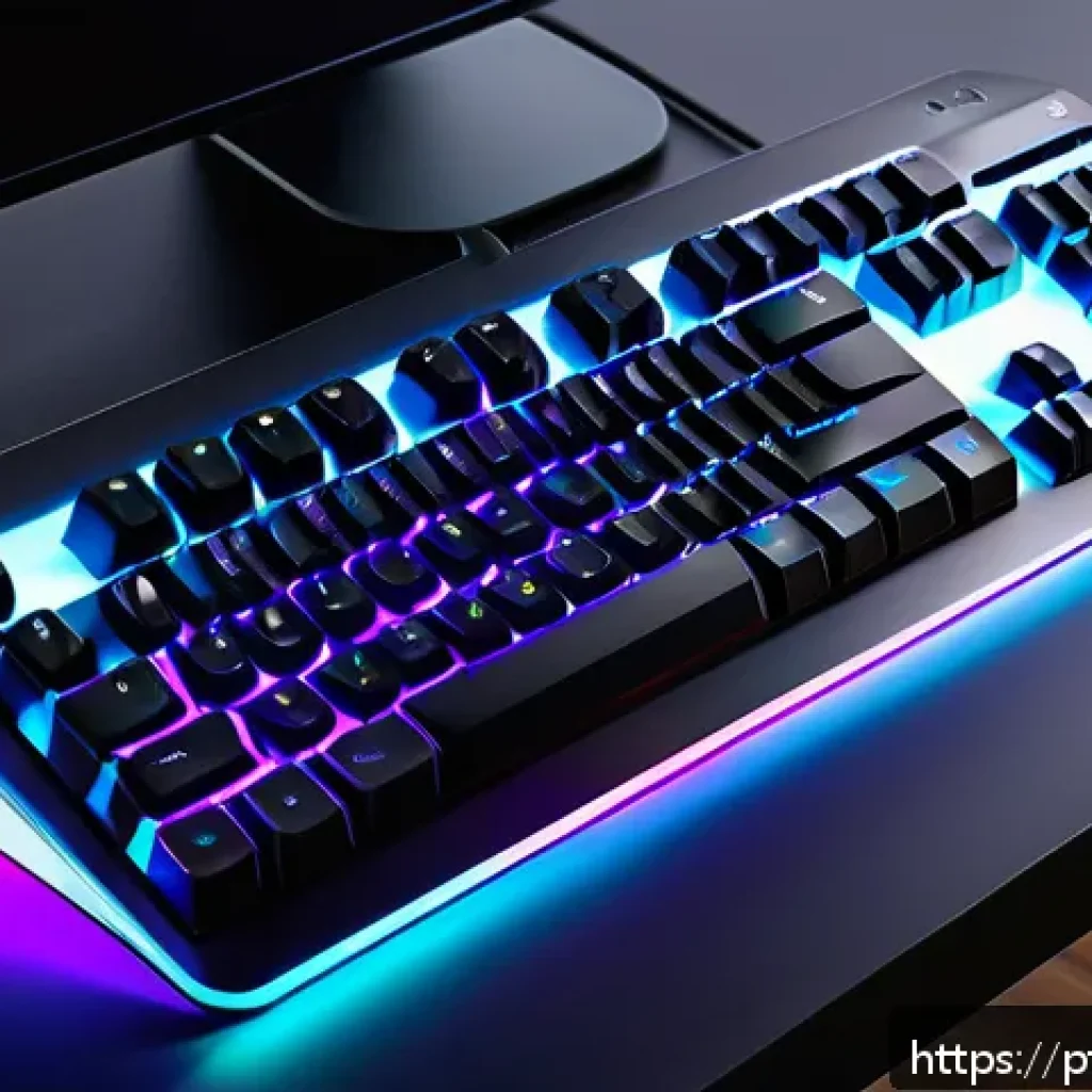 RGB 조명 키보드와 일반 키보드 비교 - A sleek, modern RGB mechanical keyboard on a stylish office desk in a cozy home workspace, each key ...