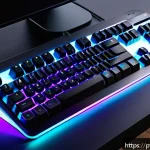 Home 19 RGB 조명 키보드와 일반 키보드 비교 - A sleek, modern RGB mechanical keyboard on a stylish office desk in a cozy home workspace, each key ...