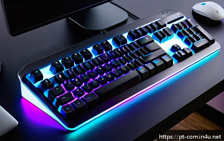 RGB 조명 키보드와 일반 키보드 비교 - A sleek, modern RGB mechanical keyboard on a stylish office desk in a cozy home workspace, each key ...