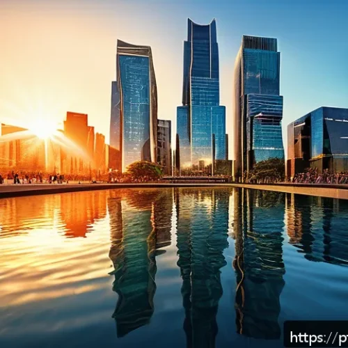 Home 30 레이 트레이싱이 게임에 미치는 영향 - A highly detailed futuristic cityscape at sunset showcasing advanced ray tracing effects: realistic ...