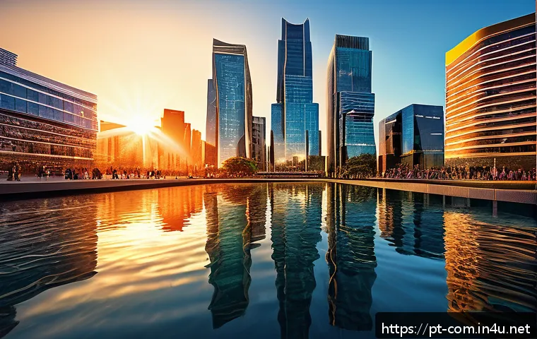 레이 트레이싱이 게임에 미치는 영향 - A highly detailed futuristic cityscape at sunset showcasing advanced ray tracing effects: realistic ...