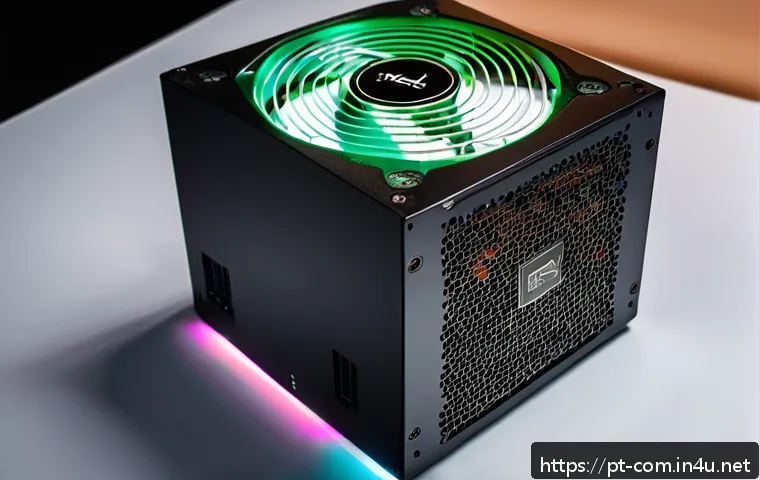 파워서플라이 용량 계산법 - A detailed and realistic computer setup focused on the power supply unit (PSU) inside a modern PC ca...