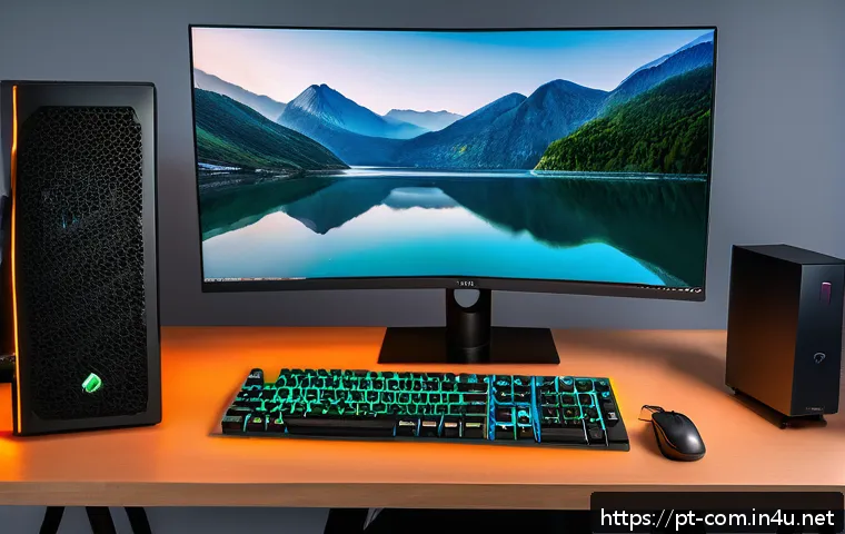 작업용 고성능 데스크톱 구성 - A modern content creator’s workspace featuring a high-end desktop PC with an AMD Ryzen 9 7900X proce...