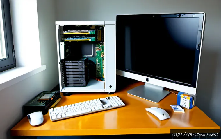 Home 17 컴퓨터 업그레이드 순서 가이드 - Photorealistic home office workstation in Portugal, clear computer upgrade sequence shown through ne...